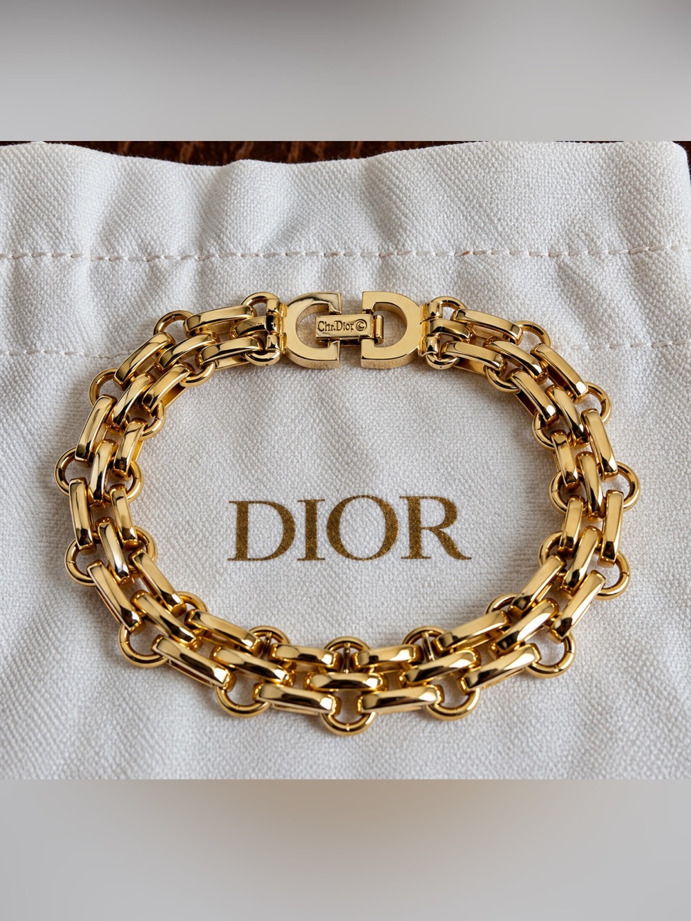 Authentic Vintage Christian Dior Heavy Gold Tone Finish Link Bracelet Statement